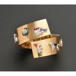 Yellow Gold Vintage Bracelet with Lab Grown Diamond, Gemstone Pearl & Enamel Motifs, Unique Statement Collectible Bracelet