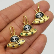 Alien UFO Spaceship Pendant Necklace in Gold with Sapphires Accents – Fun Quirky Space Jewelry Gift