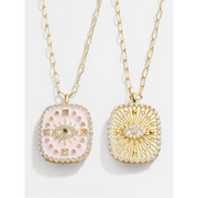 Evil Eye Lab Grown Diamond Sunburst Pendant in Gold, Protective Pink Enamel Pendant for Women