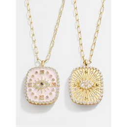 Evil Eye Lab Grown Diamond Sunburst Necklace in Gold, Protective Pink Enamel Pendant for Women