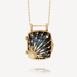 Labradorite Sunburst Locket Necklace in Yellow Gold with Lab Grown Diamond Accents & Celestial Design