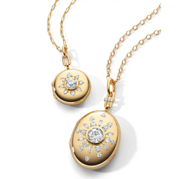 Yellow Gold Sunburst Locket Necklace with Round & Baguette Lab Grown Diamonds, Elegant Necklace Gift