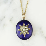 Victorian Blue Enamel Pearl Starburst Pendant in 14K Gold, Antique Heirloom Pendants