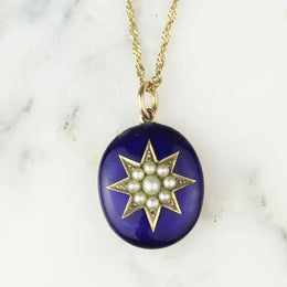 Victorian Blue Enamel Pearl Starburst Pendant Necklace in 14K Gold, Antique Heirloom Necklace
