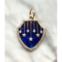 Celestial Blue Enamel Shield Pendant with Round Lab Grown Diamond Stars in Yellow Gold, Astrology Inspired Ring