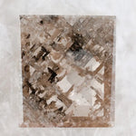 Emerald cut lab grown diamond featuring dramatic salt and pepper style inclusions with natural branching patterns, clear faceting and a unique galaxy-like internal structure.