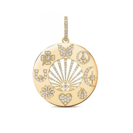 Yellow Gold Lucky Symbol Lab Grown Diamond Pendant with Sun, Moon, Heart & Celestial Motifs for Women