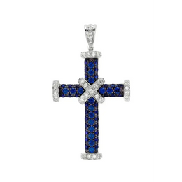Blue Sapphire & Lab Grown Diamond Cross Pendant in White Gold, Religious Spiritual Pendant