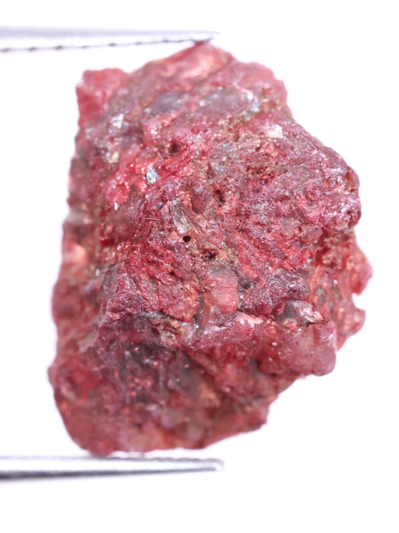 Raw red diamond held by tweezers on a white background