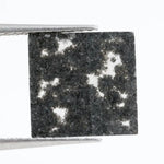 Square cut lab grown diamond with dramatic black and white salt and pepper galaxy inclusions in a geometric cut, showcasing a unique natural-looking pattern ideal for custom engagement rings or statement jewelry.