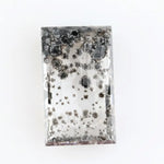 Rectangular step cut lab grown diamond featuring dramatic black dendritic inclusions in a salt and pepper pattern, creating a unique one of a kind modern alternative diamond with striking natural looking carbon formations inside a clear faceted stone.