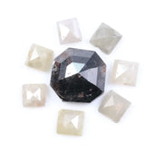 Natural salt and pepper diamond centerpiece with surrounding white and champagne pyramid-cut natural diamonds arranged in a circular layout on a white background.