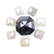 Natural salt and pepper diamond centerpiece with surrounding white and champagne pyramid-cut natural diamonds arranged in a circular layout on a white background.