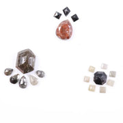 Assorted natural fancy color diamonds including salt and pepper hexagon cut, pear rose cuts, peach oval, dark geometric step cut center stone, and small pyramid-cut accent diamonds arranged on white background.