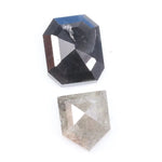 Natural black octagon-cut diamond and shield-cut salt-and-pepper diamond displayed on white background, showing unique inclusions and rustic faceting details.