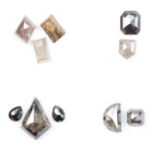 Assorted natural salt and pepper diamonds in geometric fancy cuts including kite, shield, emerald, pear, half moon, and octagon shapes in earthy tones of grey, champagne, cognac, and blush with visible natural inclusions.