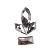 Set of natural salt and pepper diamonds with dark galaxy inclusions in mixed faceted shapes including marquise, kite and baguette cut stones for unique custom jewelry or engagement ring designs.