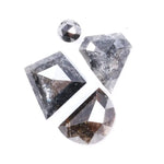 Natural salt and pepper diamond with black and white galaxy inclusions, rustic natural diamond gemstones in unique geometric cuts for engagement rings and custom artisan jewelry.