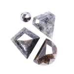 Natural salt and pepper diamond with black and white galaxy inclusions, rustic natural diamond gemstones in unique geometric cuts for engagement rings and custom artisan jewelry.