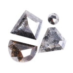 Natural salt and pepper diamond with black and white galaxy inclusions, rustic natural diamond gemstones in unique geometric cuts for engagement rings and custom artisan jewelry.