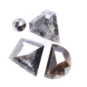 Natural salt and pepper diamond with black and white galaxy inclusions, rustic natural diamond gemstones in unique geometric cuts for engagement rings and custom artisan jewelry.