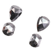 Natural salt and pepper rose cut diamond set featuring pear, kite, and cushion shapes with gray inclusions, rustic natural diamond gemstones for custom engagement rings and fine jewelry making.