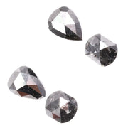 Natural salt and pepper rose cut diamond set featuring pear, kite, and cushion shapes with gray inclusions, rustic natural diamond gemstones for custom engagement rings and fine jewelry making.