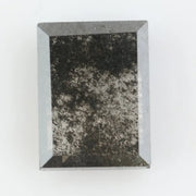 Baguette cut salt and pepper lab grown diamond with natural black inclusions, unique speckled pattern, transparent edges, ethically grown conflict free gemstone for modern jewelry