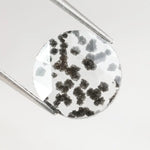 Round faceted lab grown diamond with distinctive black inclusions creating a salt and pepper effect inside a clear polished gemstone