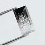 Baguette cut lab grown diamond with salt and pepper inclusions, showcasing a unique speckled galaxy pattern inside a clear faceted rectangular stone on a white background