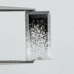 Baguette cut lab grown diamond with salt and pepper inclusions, showcasing a unique speckled galaxy pattern inside a clear faceted rectangular stone on a white background