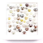 Natural heart shape diamond lot with mixed color rose cut earth-mined diamonds, rustic raw style loose stones for custom jewelry, artisan rings, and unique engagement designs.
