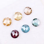 Set of six round rose cut lab grown diamonds in yellow, champagne, blue and red fancy colors, flat cut loose stones for custom jewelry making.