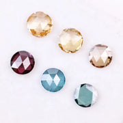 Set of six round rose cut lab grown diamonds in yellow, champagne, blue and red fancy colors, flat cut loose stones for custom jewelry making.