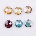 Set of six round rose cut lab grown diamonds in yellow, champagne, blue and red fancy colors, flat cut loose stones for custom jewelry making.