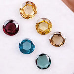 Set of six round rose cut lab grown diamonds in yellow, champagne, blue and red fancy colors, flat cut loose stones for custom jewelry making.