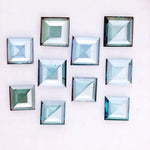 Square step cut blue lab grown diamonds in fancy light teal color, calibrated loose stones for custom fine jewelry design