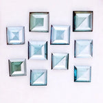 Square step cut blue lab grown diamonds in fancy light teal color, calibrated loose stones for custom fine jewelry design