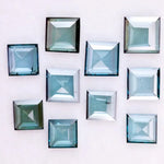 Square step cut blue lab grown diamonds in fancy light teal color, calibrated loose stones for custom fine jewelry design