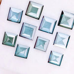 Square step cut blue lab grown diamonds in fancy light teal color, calibrated loose stones for custom fine jewelry design
