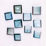 Square step cut blue lab grown diamonds in fancy light teal color, calibrated loose stones for custom fine jewelry design