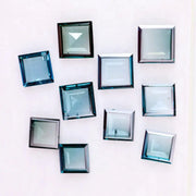 Square step cut blue lab grown diamonds in fancy light teal color, calibrated loose stones for custom fine jewelry design