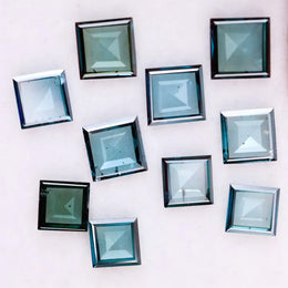 Square step cut blue lab grown diamonds in fancy light teal color, calibrated loose stones for custom fine jewelry design