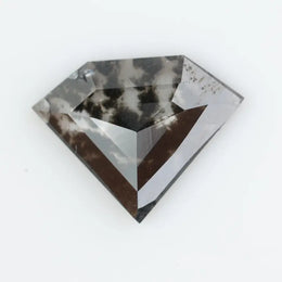Geometric cut salt and pepper lab grown diamond with smoky black and white inclusions, showcasing a unique faceted shape and modern ethical gemstone design on a clean white background