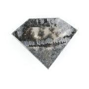 Geometric cut salt and pepper lab grown diamond with smoky black and white inclusions, showcasing a unique faceted shape and modern ethical gemstone design on a clean white background