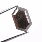 4.00 carat black hexagon cut natural diamond with sharp geometric facets, modern step cut design, loose fancy shape stone for custom engagement ring or bespoke jewelry setting.