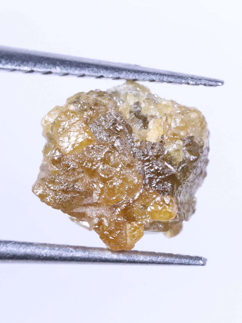 Raw diamond held between tweezers on a white background