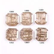 Six emerald cut lab grown diamonds with soft champagne color and visible internal growth pattern inclusions, arranged in two rows and numbered 1 through 6 on a white background.