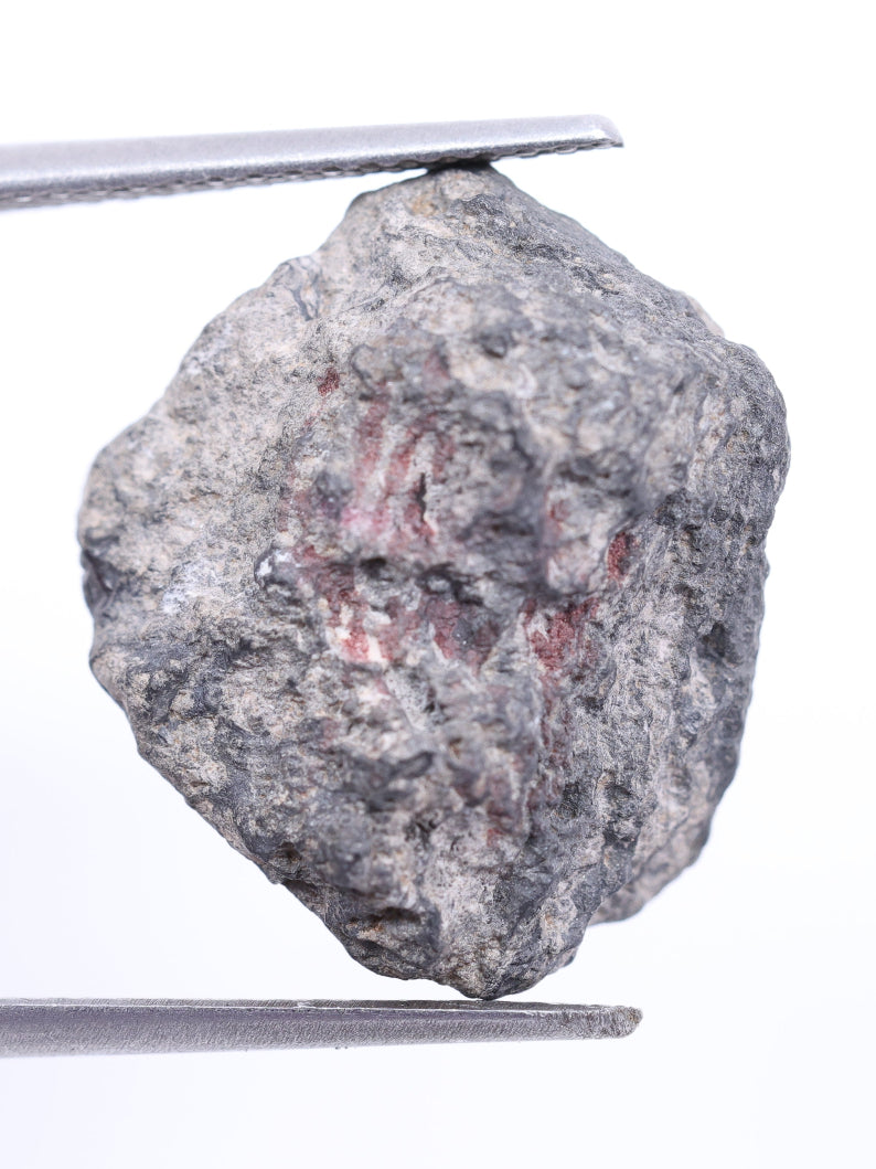 Raw diamond held between tweezers on a white background