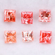 Six square princess cut pink lab grown diamonds in varying shades from light blush to vivid pink, displayed on a white background, featuring brilliant faceting and high clarity for luxury jewelry settings.